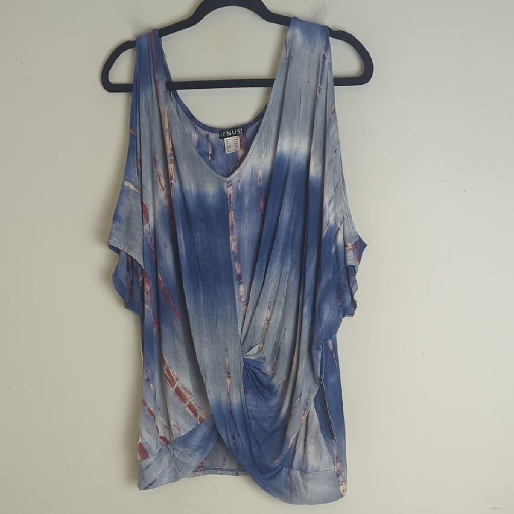 Tie-dye Cold Shoulder Boho Stretch Jersey Knit Knotted Top Women's 1X